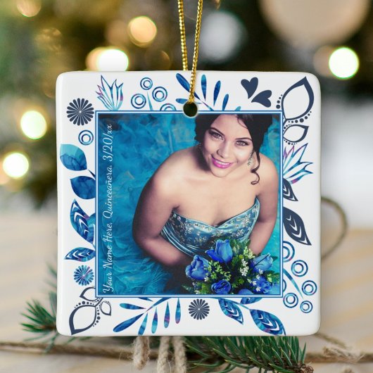 Blauw-grijs en Aqua-kerstfoto-Ornament Keramisch Ornament