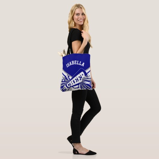 Blauw, grijs en wit cheerleader ontwerp tote bag (Op model)