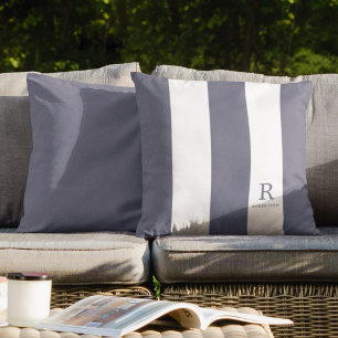 Blauw Grijs en Wit Strepen Monogram Naam Openlucht Kussen