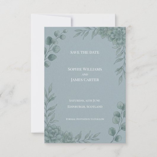 Blauw Grijs Eucalyptus Save The Date Kaart (Voorkant)