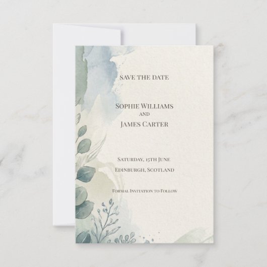 Blauw Grijs Eucalyptus Save The Date Kaart (Voorkant)