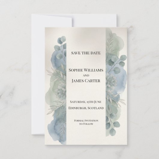 Blauw Grijs Eucalyptus Save The Date Kaart (Voorkant)