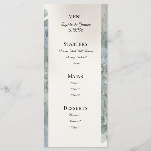 Blauw Grijs Eucalyptus Trouwmenu Menu (Voorkant)