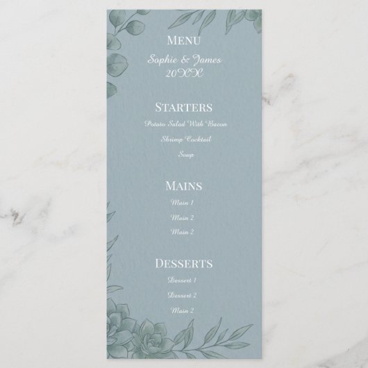 Blauw Grijs Eucalyptus Trouwmenu Menu (Voorkant)