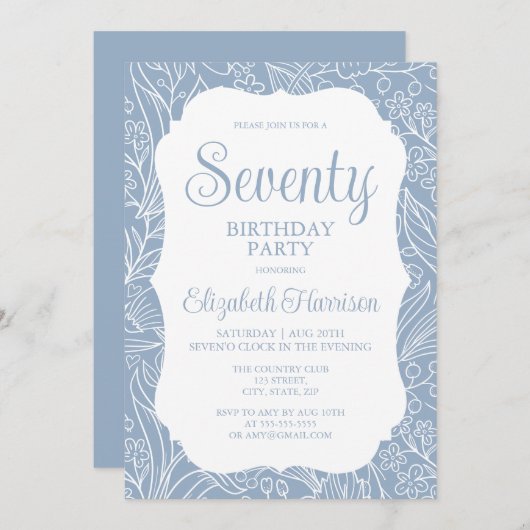 Blauw Grijs Flora Vrouw Zeventig 70ste Verjaardags Kaart (Voorkant / Achterkant)