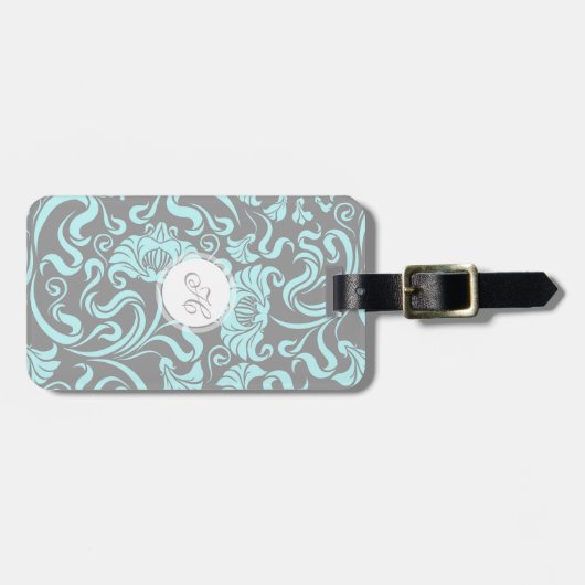 Blauw grijs  Floral Pattern Monogram L label Bagagelabel (Voorkant horizontaal)
