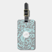 Blauw grijs  Floral Pattern Monogram L label Bagagelabel (Voorkant verticaal)