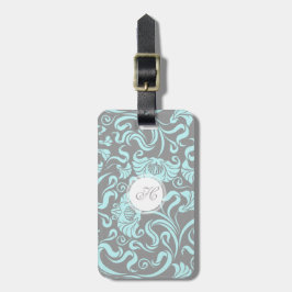 Blauw grijs  Floral Pattern Monogram L label Bagagelabel