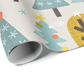 Blauw grijs geel kerstboompatroon cadeaupapier (Rol Hoek)