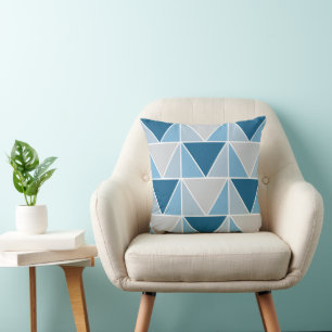 Blauw Grijs Geometrisch Driehoek Patroon Kussen