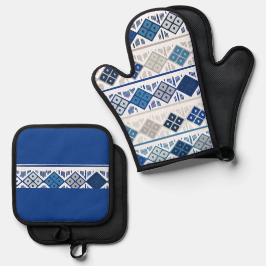 Blauw grijs Geometrisch Ovenwant & Pannenlap Set (Voorkant / Achterkant)