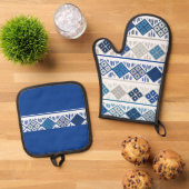 Blauw grijs Geometrisch Ovenwant & Pannenlap Set (Top down)