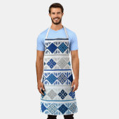 Blauw grijs geometrisch patroon schort (Gedragen)