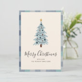 Blauw Grijs Geruit Miniboom Kerstboom Feestdagenkaart (Staand voorkant)