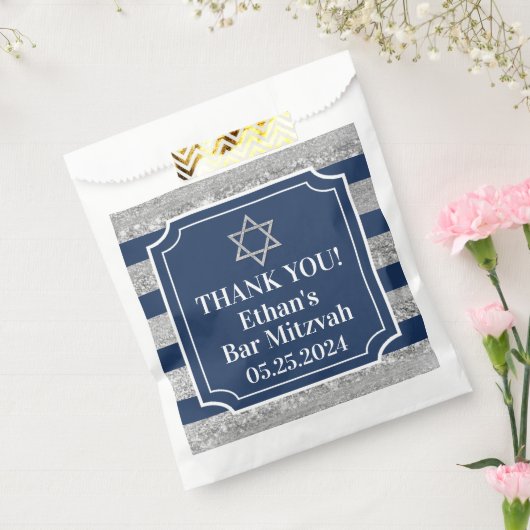 Blauw, Grijs Gestreepte Bar Mitzvah Dank u Bedankzakje (Gezegeld)