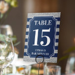 Blauw, Grijs Gestreepte Bar Mitzvah Kaart<br><div class="desc">Deze marineblauwe en grijze gestreepte Bar Mitzvah tafelnummerkaart heeft een ticketvormig tekstgebied dat is bijgesneden in wit, samen met witte letters met de naam van de Bar Mitzvah onderaan, onder het tabelnummer. Deze tafelnummerkaart is omkeerbaar, zodat je hem in je middenstukken kunt staan om van twee kanten gezien te worden....</div>