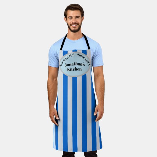 Blauw Grijs Gestreepte Gepersonaliseerde Naam Fun  Schort (Gedragen)