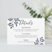 Blauw Grijs Glitter Botanische Bruiloft Details Ka Kaart (Staand voorkant)