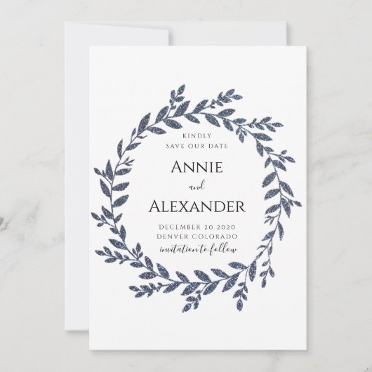 Blauw grijs glitter effect laat de datum opslaan kaart (Voorkant)