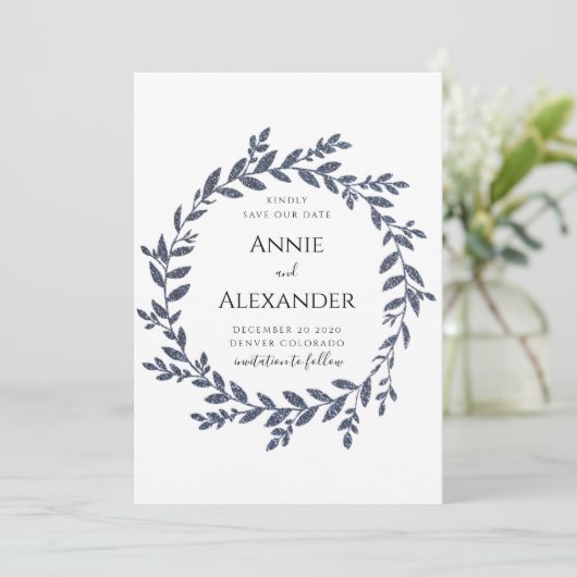 Blauw grijs glitter effect laat de datum opslaan kaart (Staand voorkant)