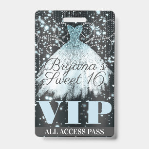 Blauw Grijs Glitterjurk Sweet 16 VIP Pas Badge