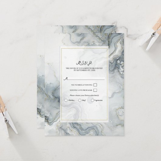 Blauw Grijs & Goud Beachy Waterverf Beach RSVP Kaart (Voorkant / Achterkant in situ)