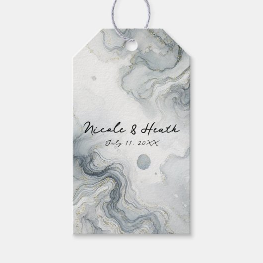 Blauw Grijs & Goud Beachy Waterverf Strand Wedding Cadeaulabel (Voorkant)