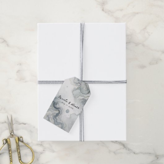 Blauw Grijs & Goud Beachy Waterverf Strand Wedding Cadeaulabel (Met Touw)