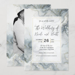 Blauw Grijs & Goud Beachy Waterverf Strand Wedding Kaart