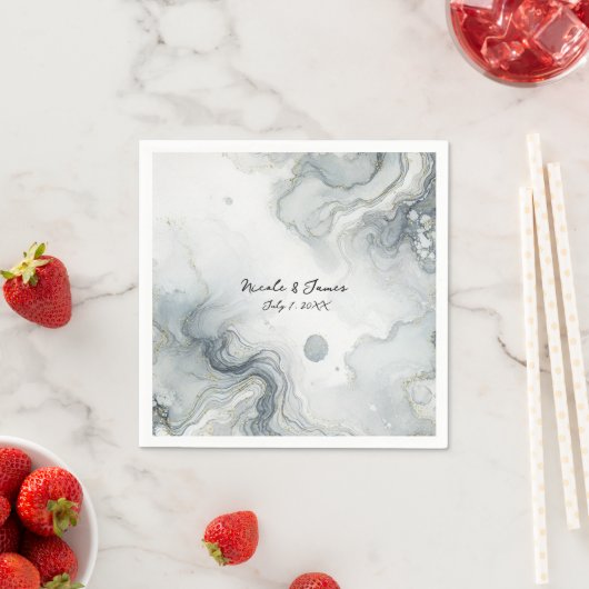 Blauw Grijs & Goud Beachy Waterverf Strand Wedding Servet (Insitu)