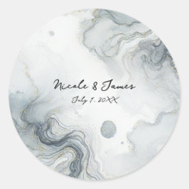 Blauw Grijs & Goud Strand Waterverf Bruiloft Ronde Sticker