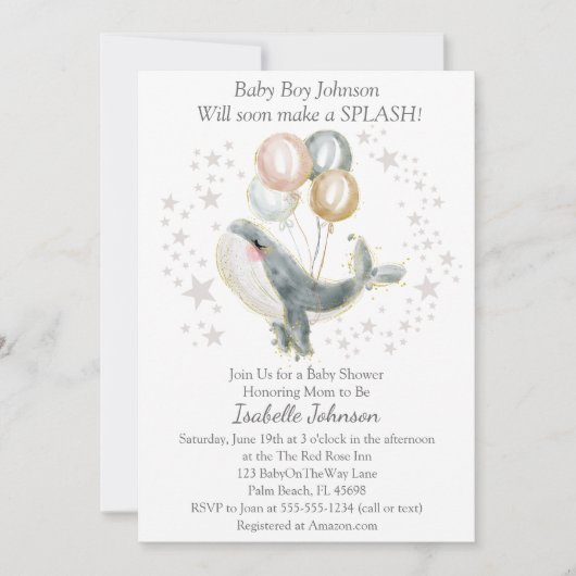 Blauw Grijs Goud Waterverf Schattige Walvis Baby s Kaart (Voorkant)