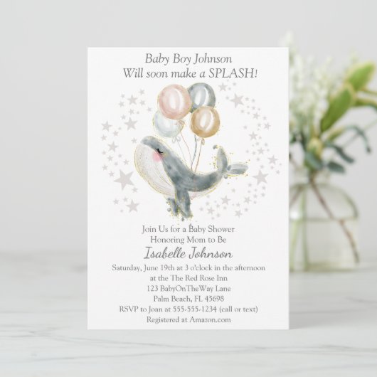 Blauw Grijs Goud Waterverf Schattige Walvis Baby s Kaart (Staand voorkant)