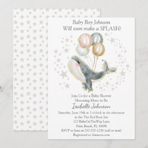 Blauw Grijs Goud Waterverf Schattige Walvis Baby s Kaart