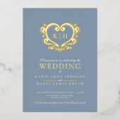 Blauw grijs gouden hart monogram bruiloft foto folie uitnodiging (Voorkant)