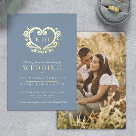 Blauw grijs gouden hart monogram bruiloft foto folie uitnodiging