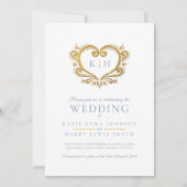 Blauw grijs gouden hart monogram bruiloft foto kaart (Voorkant)