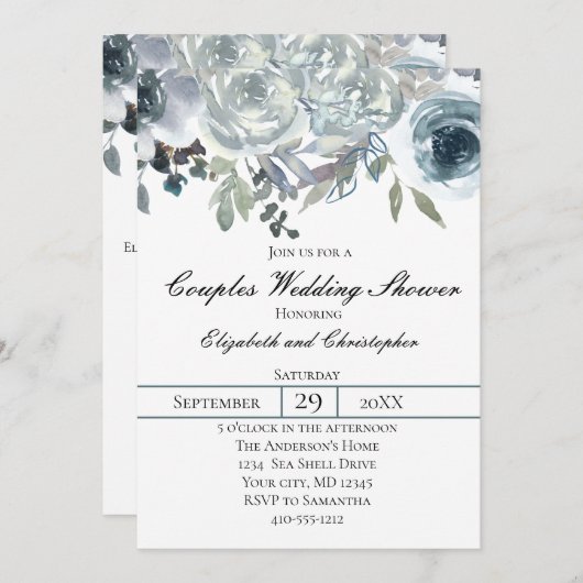 Blauw Grijs Groen Elegant Bloemenkoppel Bruiloft Kaart (Voorkant / Achterkant)