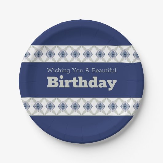 Blauw Grijs Groen en Wit Papieren Bordje (Voorkant)