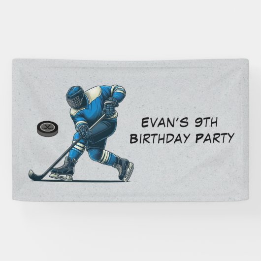 Blauw Grijs Hockey Speler Verjaardagsfeestje Spandoek (Horizontaal)