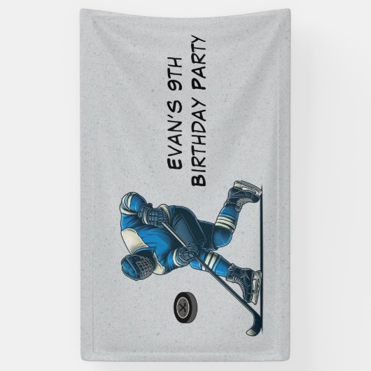 Blauw Grijs Hockey Speler Verjaardagsfeestje Spandoek (Verticaal)