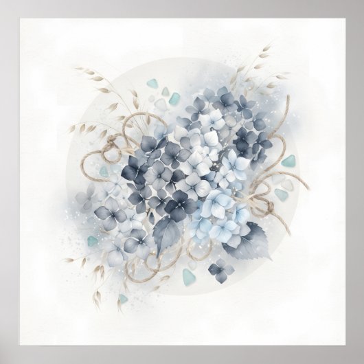 Blauw Grijs Hydrangea Goud Botanische Poster (Voorkant)