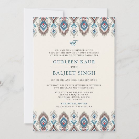 Blauw Grijs Ikat Anand Karaj Sikh Wedding Kaart (Voorkant)