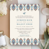 Blauw Grijs Ikat Anand Karaj Sikh Wedding Kaart