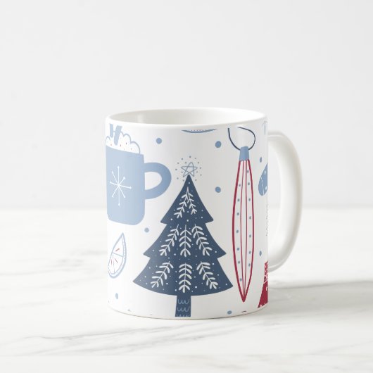 Blauw Grijs Kerst Elementen Patroon Mok (Voorkant rechts)