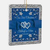Blauw, Grijs Liefde Harten Bruiloft 1e Kerstmis Keramisch Ornament (Rechts)