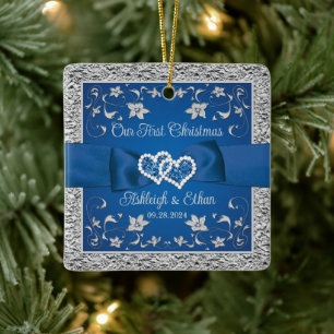 Blauw, Grijs Liefde Harten Bruiloft 1e Kerstmis Keramisch Ornament