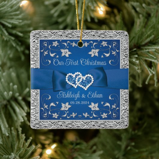 Blauw, Grijs Liefde Harten Bruiloft 1e Kerstmis Keramisch Ornament (Boom)