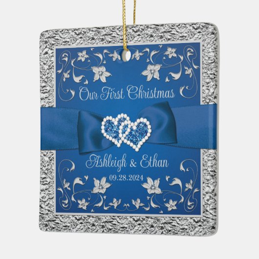 Blauw, Grijs Liefde Harten Bruiloft 1e Kerstmis Keramisch Ornament (Links)