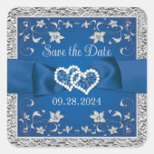 Blauw, Grijs Liefde Harten Bruiloft Save the Date Vierkante Sticker (Voorkant)